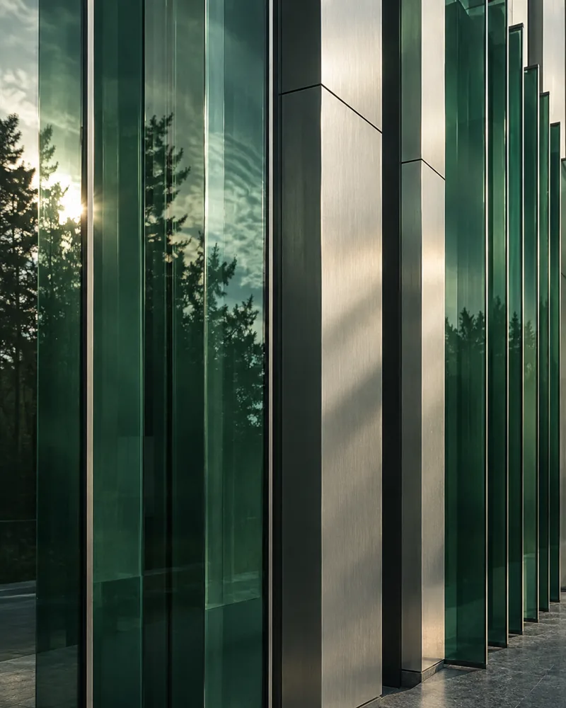 Fachada de vidrio verde y metal, con líneas arquitectónicas precisas