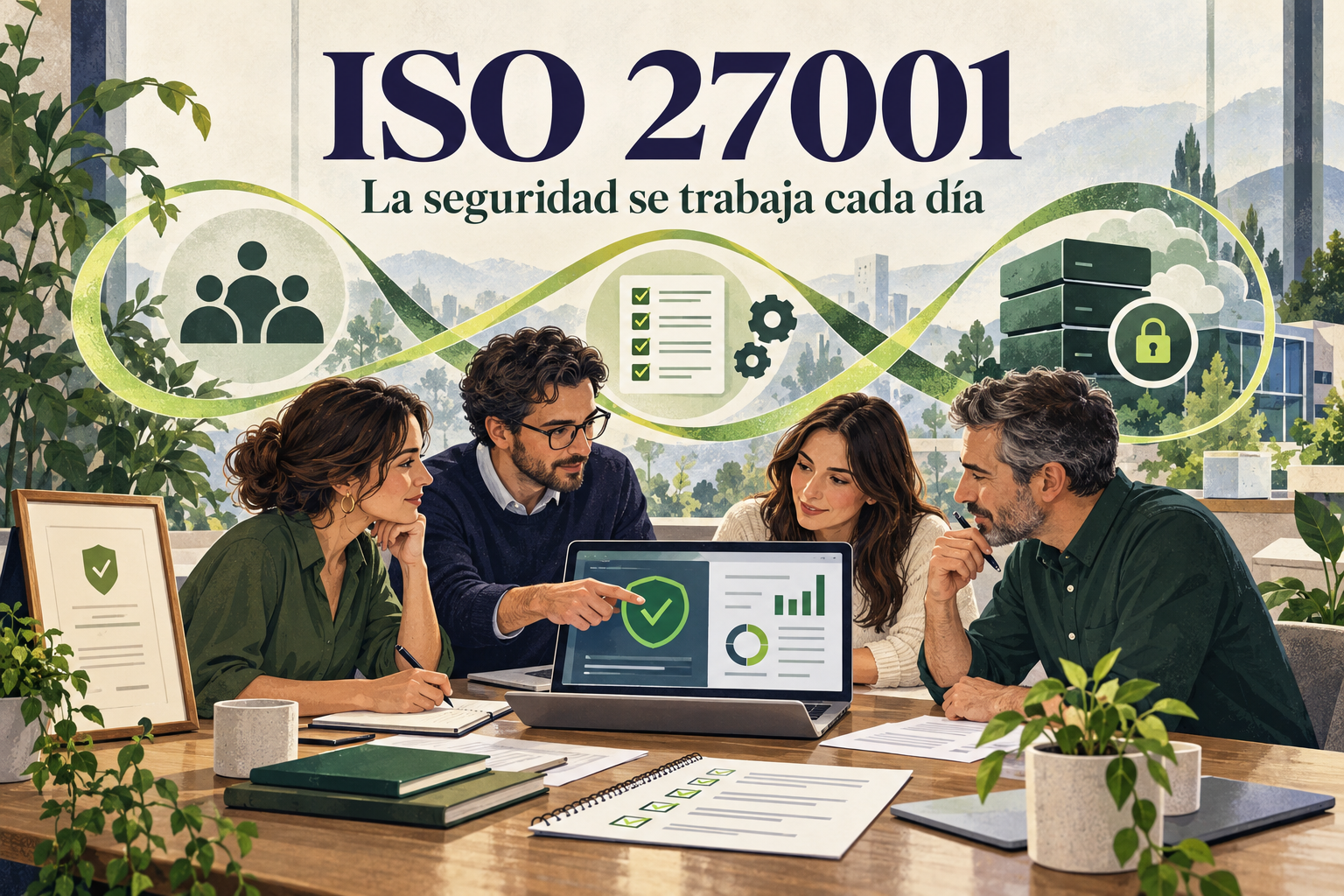 ISO 27001: la seguridad se trabaja cada día. Un equipo revisa personas, procesos y tecnología.